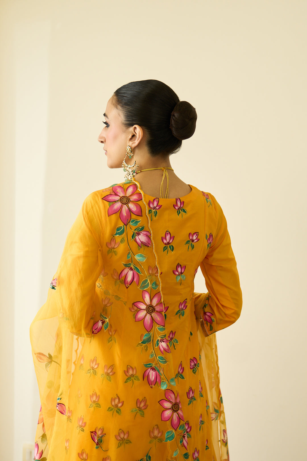 Saanjh Mustard Silk Handpainted Kalidar Kurta With Palazzo And Dupatta ( Set Of 3)