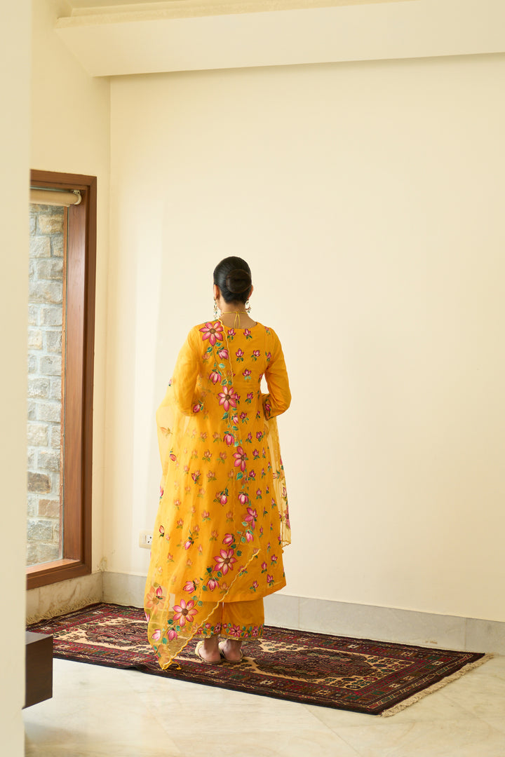 Saanjh Mustard Silk Handpainted Kalidar Kurta With Palazzo And Dupatta ( Set Of 3)