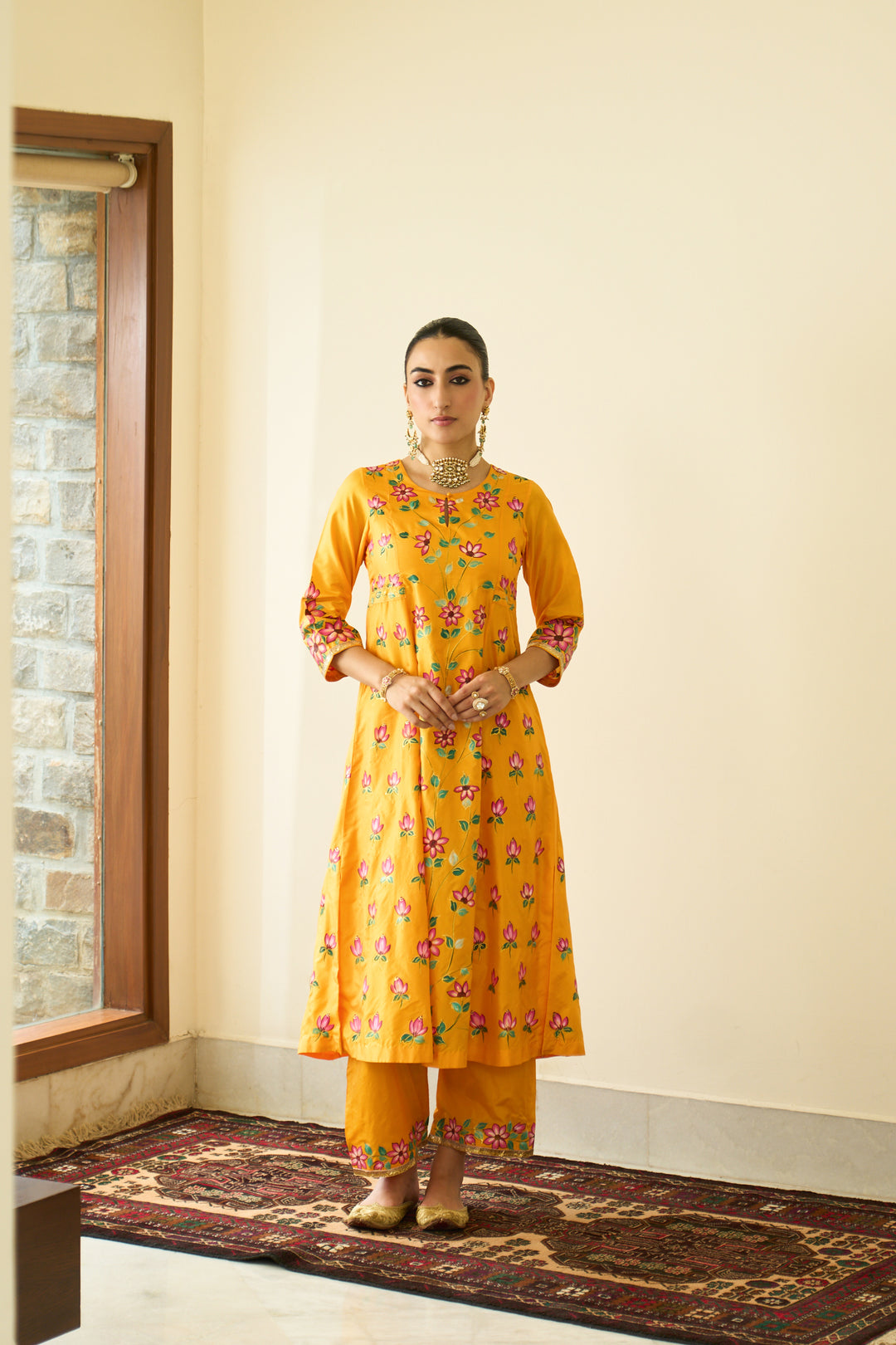 Saanjh Mustard Silk Handpainted Kalidar Kurta With Palazzo And Dupatta ( Set Of 3)