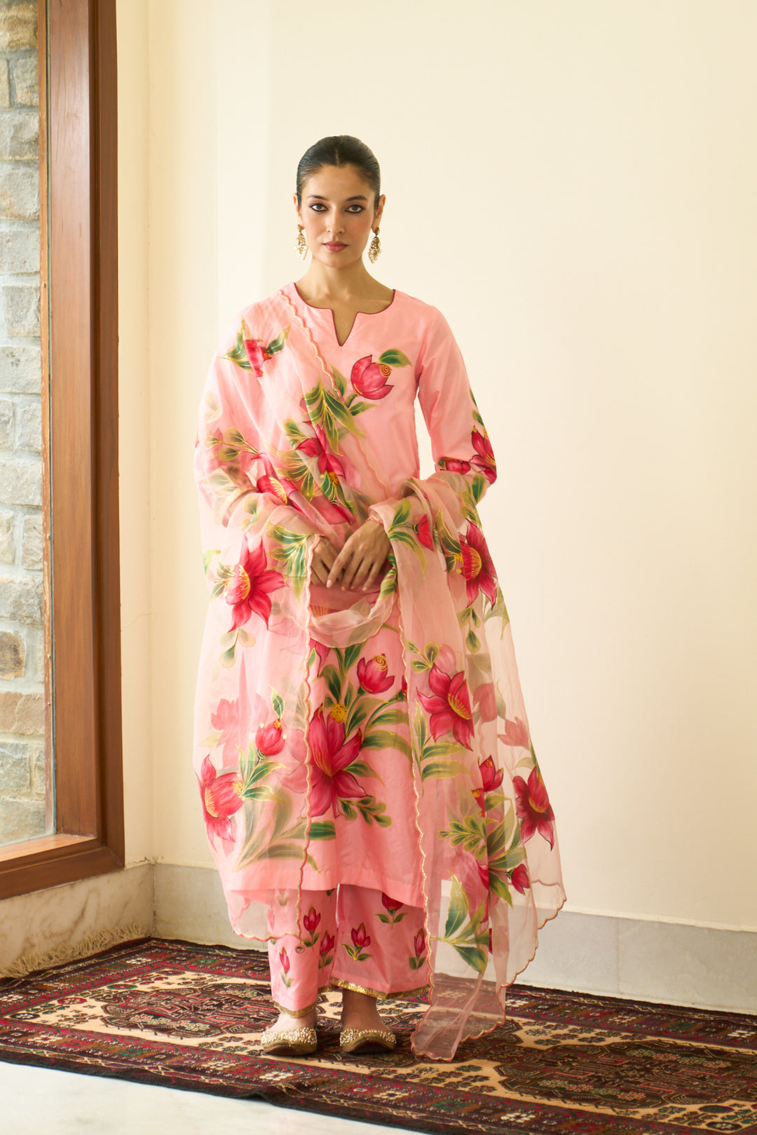 Saanjh Peach Silk Handpainted Straight Kurta With Palazzo And Dupatta ( Set Of 3)
