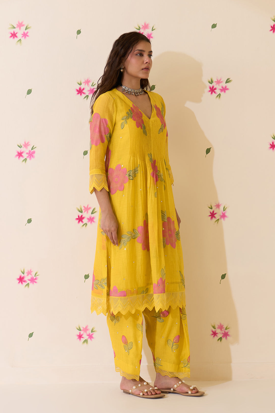 Mehraz Handpaint neon green pintuck kurta with salwar and dupatta (set of 3)