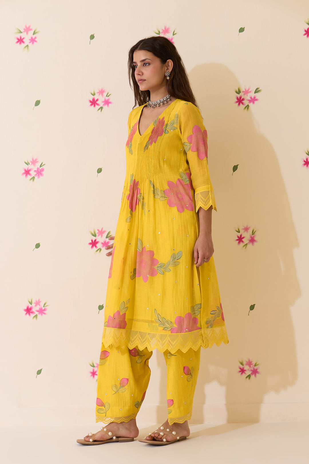 Mehraz Handpaint neon green pintuck kurta with salwar and dupatta (set of 3)