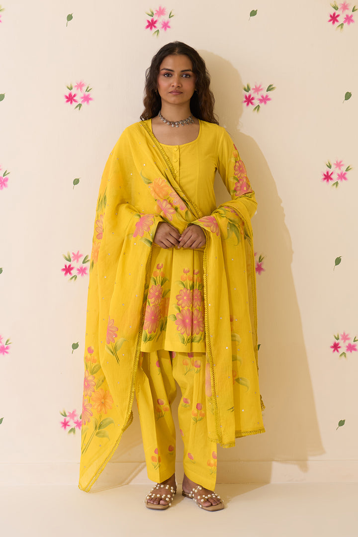 Mehraz Handpaint neon green short anarkali with salwar and dupatta ( set of 3 )