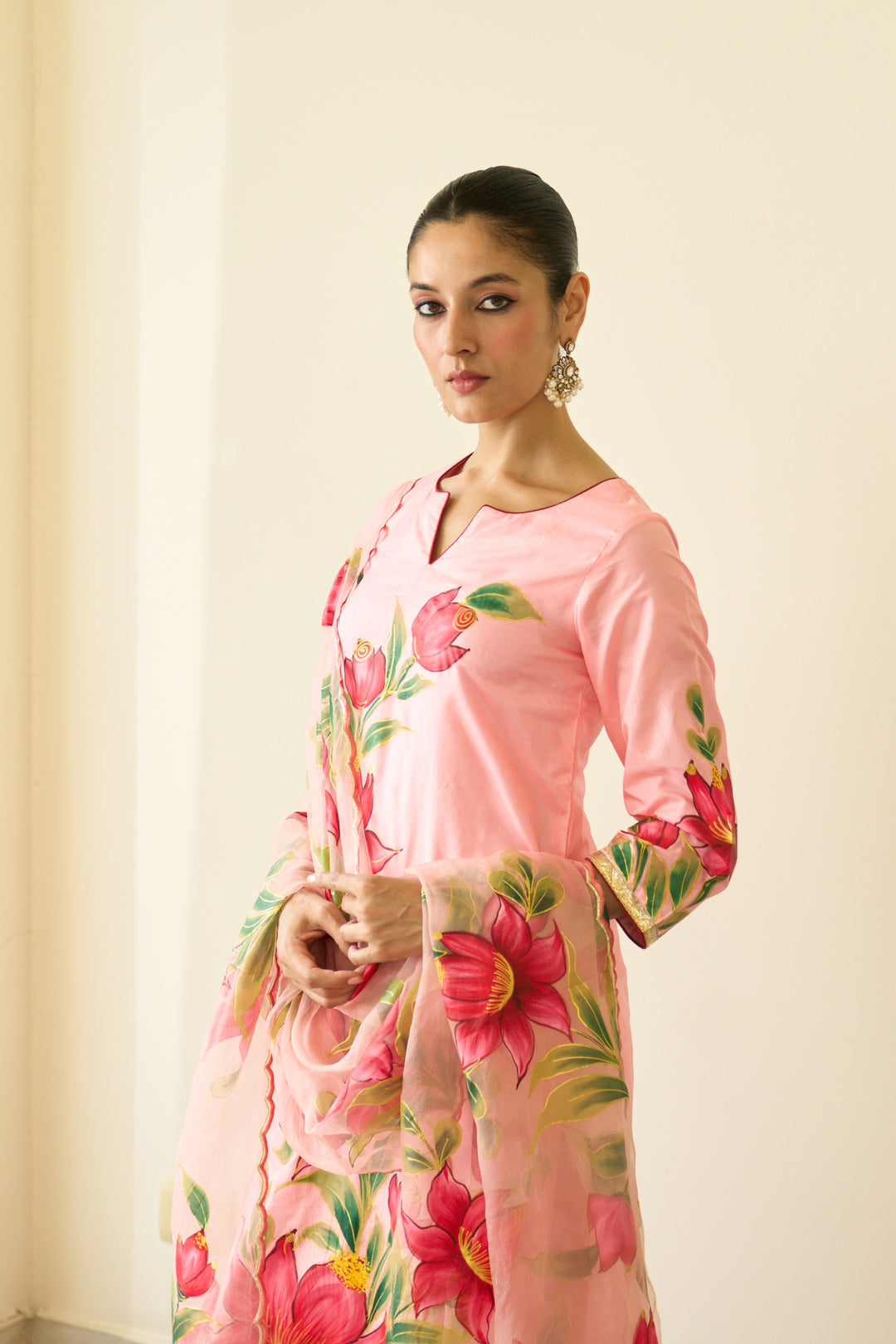 Saanjh Peach Silk Handpainted Straight Kurta With Palazzo And Dupatta ( Set Of 3)