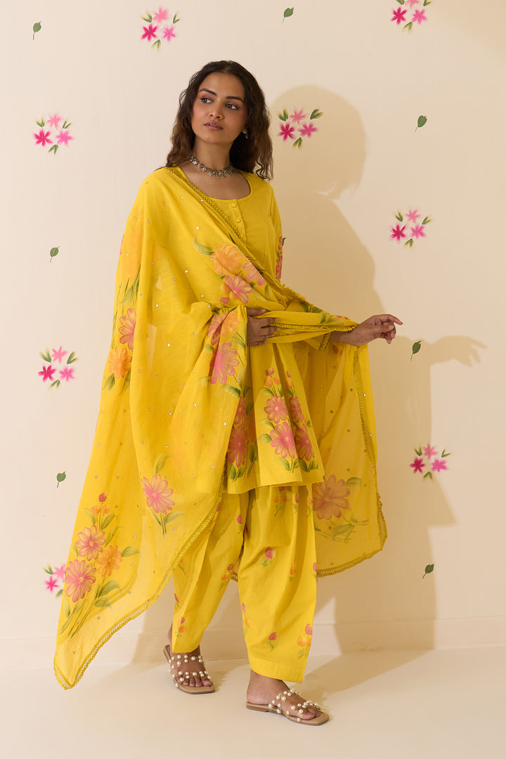Mehraz Handpaint neon green short anarkali with salwar and dupatta ( set of 3 )