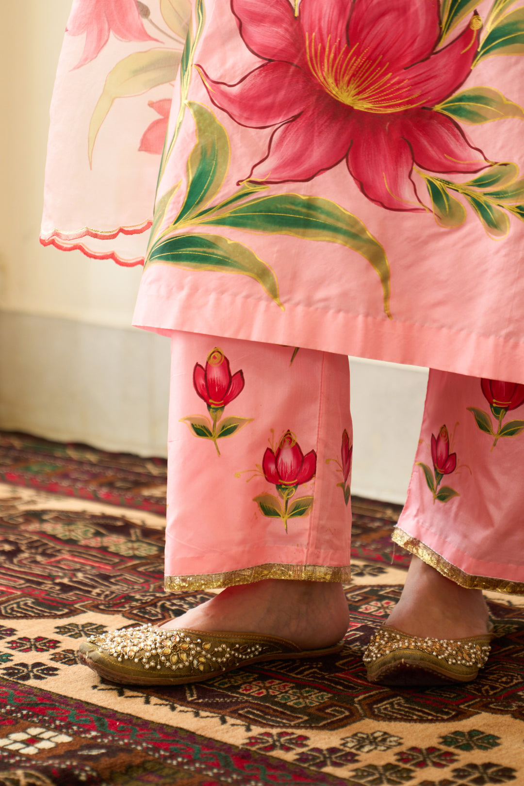 Saanjh Peach Silk Handpainted Straight Kurta With Palazzo And Dupatta ( Set Of 3)