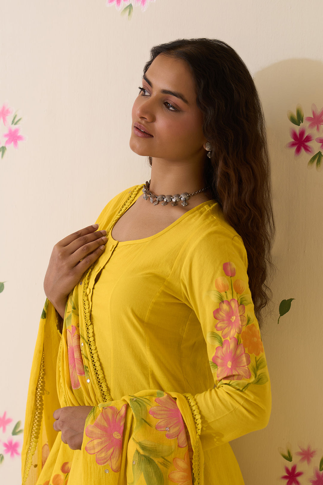 Mehraz Handpaint neon green short anarkali with salwar and dupatta ( set of 3 )
