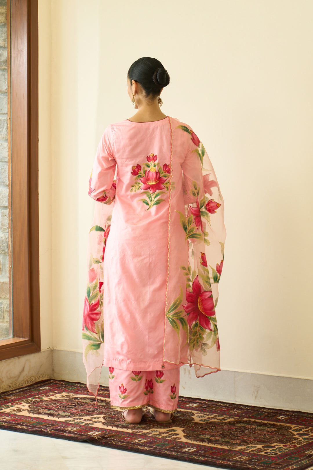 Saanjh Peach Silk Handpainted Straight Kurta With Palazzo And Dupatta ( Set Of 3)