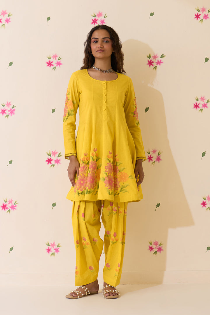 Mehraz Handpaint neon green short anarkali with salwar and dupatta ( set of 3 )
