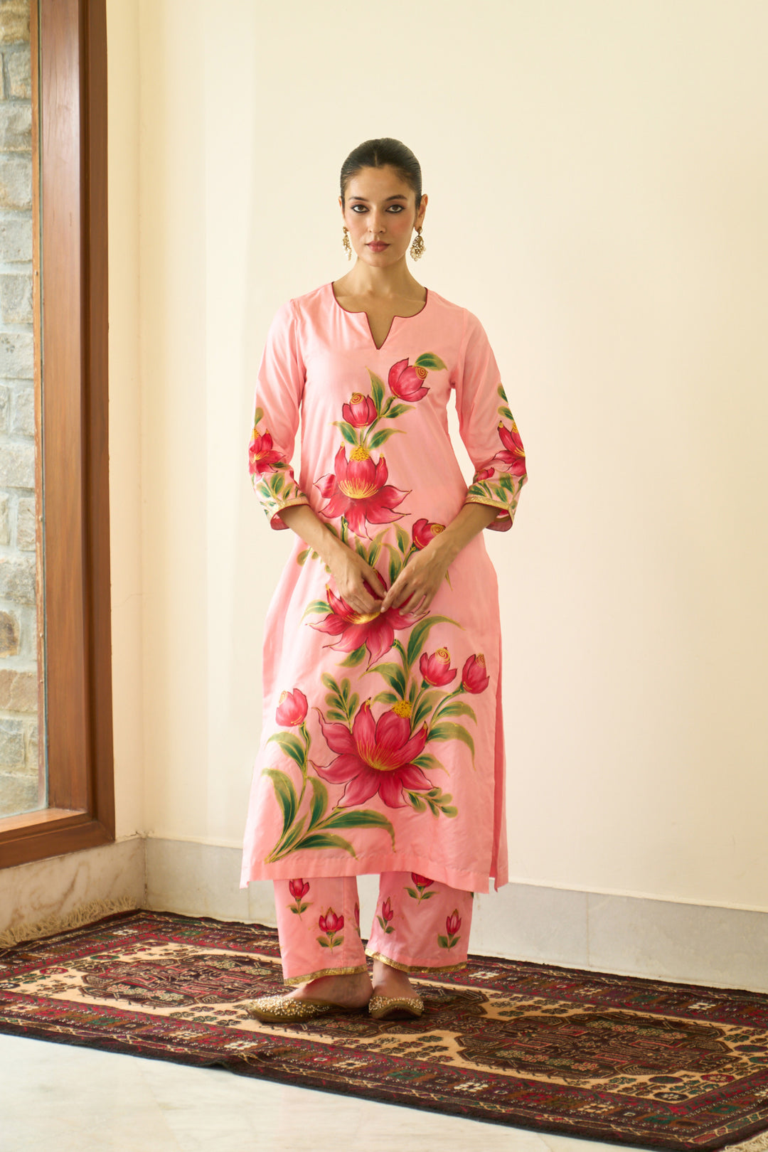 Saanjh Peach Silk Handpainted Straight Kurta With Palazzo And Dupatta ( Set Of 3)