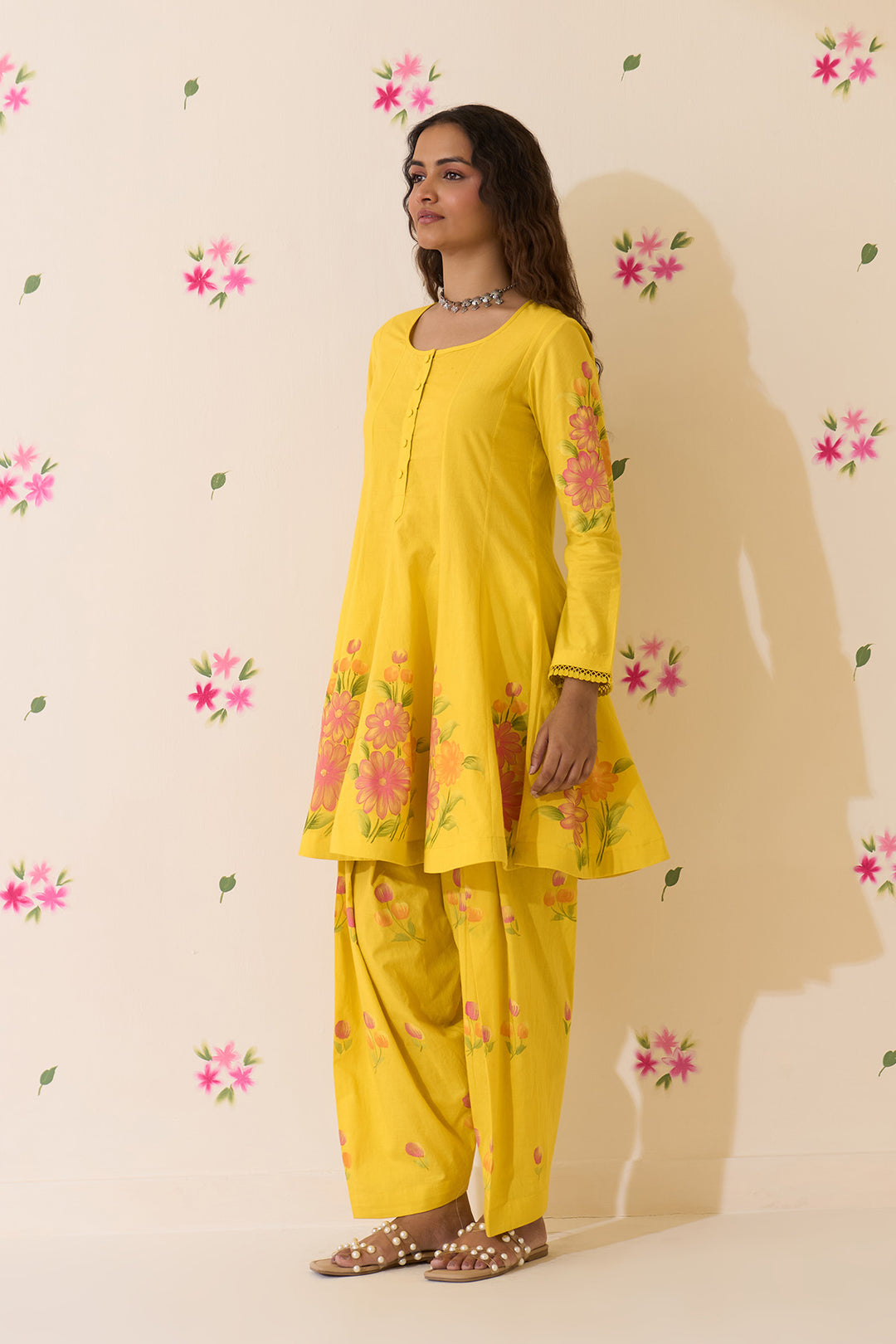 Mehraz Handpaint neon green short anarkali with salwar and dupatta ( set of 3 )