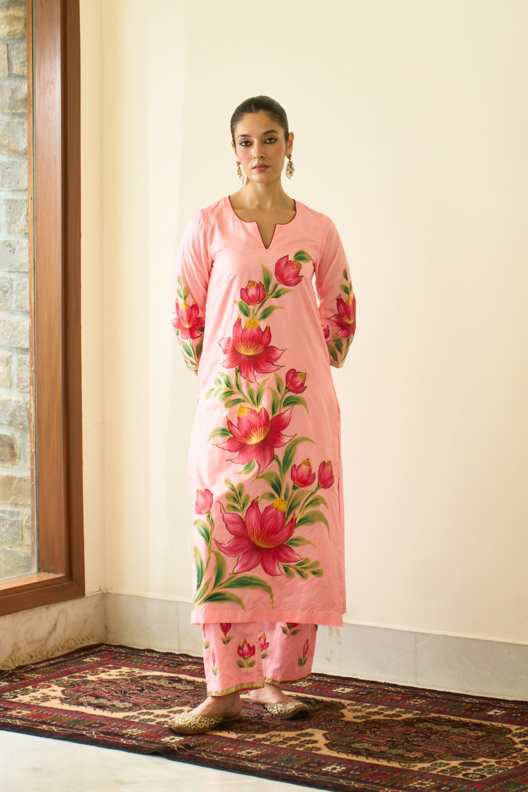 Saanjh Peach Silk Handpainted Straight Kurta With Palazzo And Dupatta ( Set Of 3)