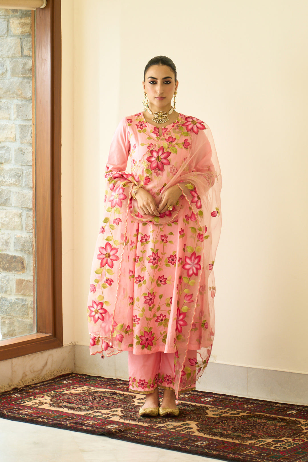 Saanjh Peach Silk Handpainted Kalidar Kurta With Palazzo And Dupatta ( Set Of 3)