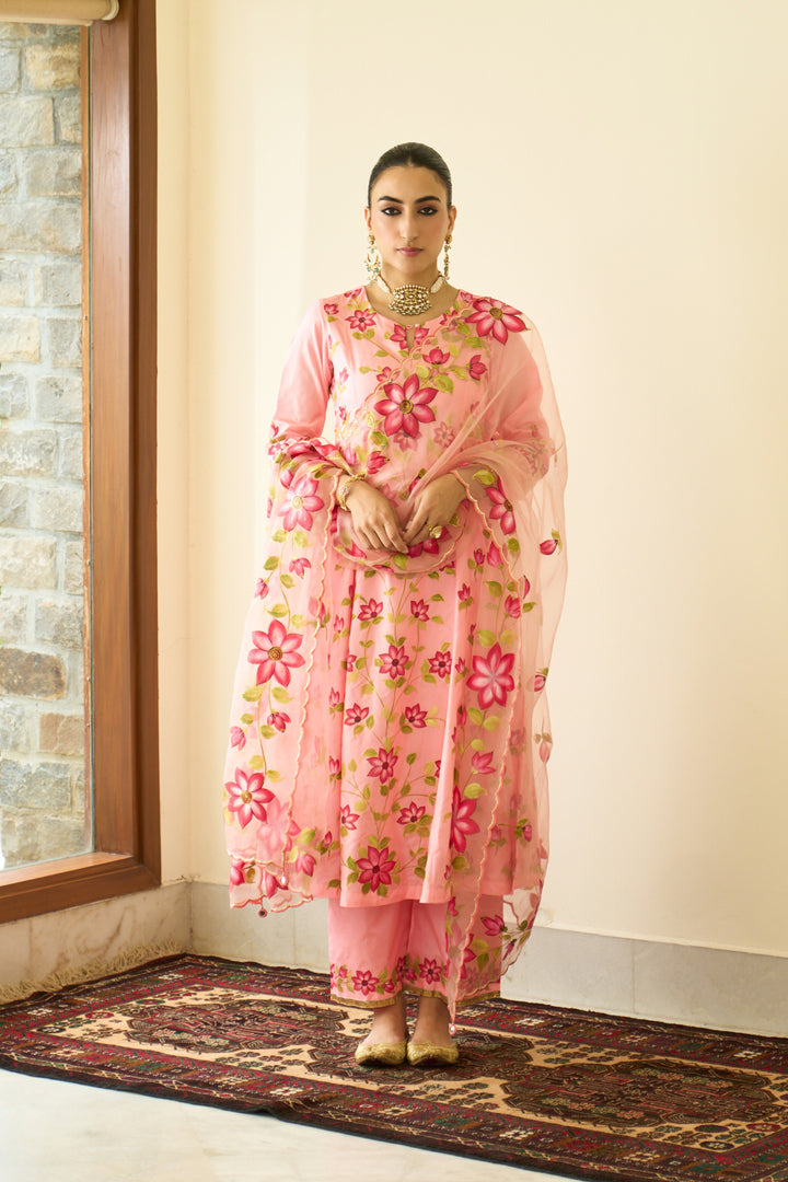 Saanjh Peach Silk Handpainted Kalidar Kurta With Palazzo And Dupatta ( Set Of 3)