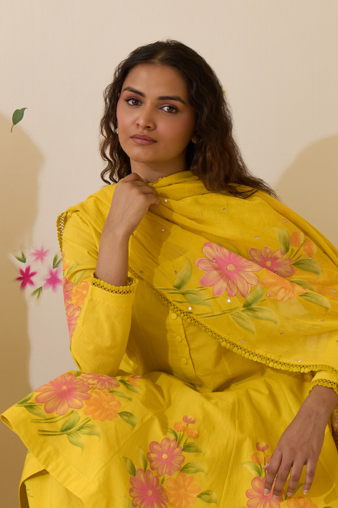Mehraz Handpaint neon green short anarkali with salwar and dupatta ( set of 3 )