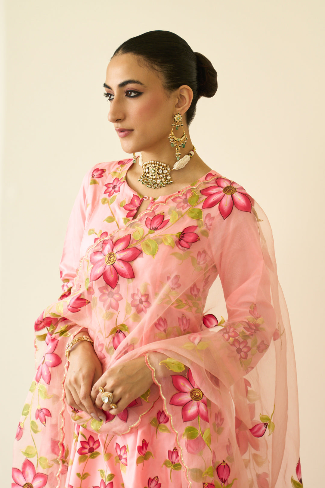 Saanjh Peach Silk Handpainted Kalidar Kurta With Palazzo And Dupatta ( Set Of 3)