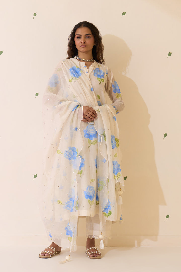 Mehraz Handpaint blue kurta with solid palazzo and scallope dupatta ( set of 3 )
