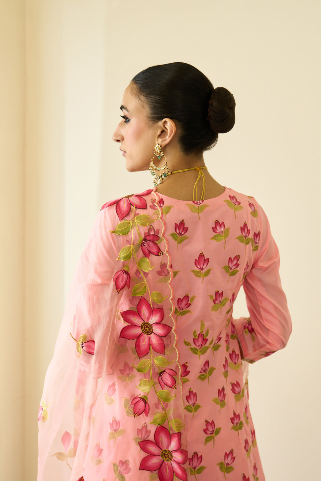 Saanjh Peach Silk Handpainted Kalidar Kurta With Palazzo And Dupatta ( Set Of 3)