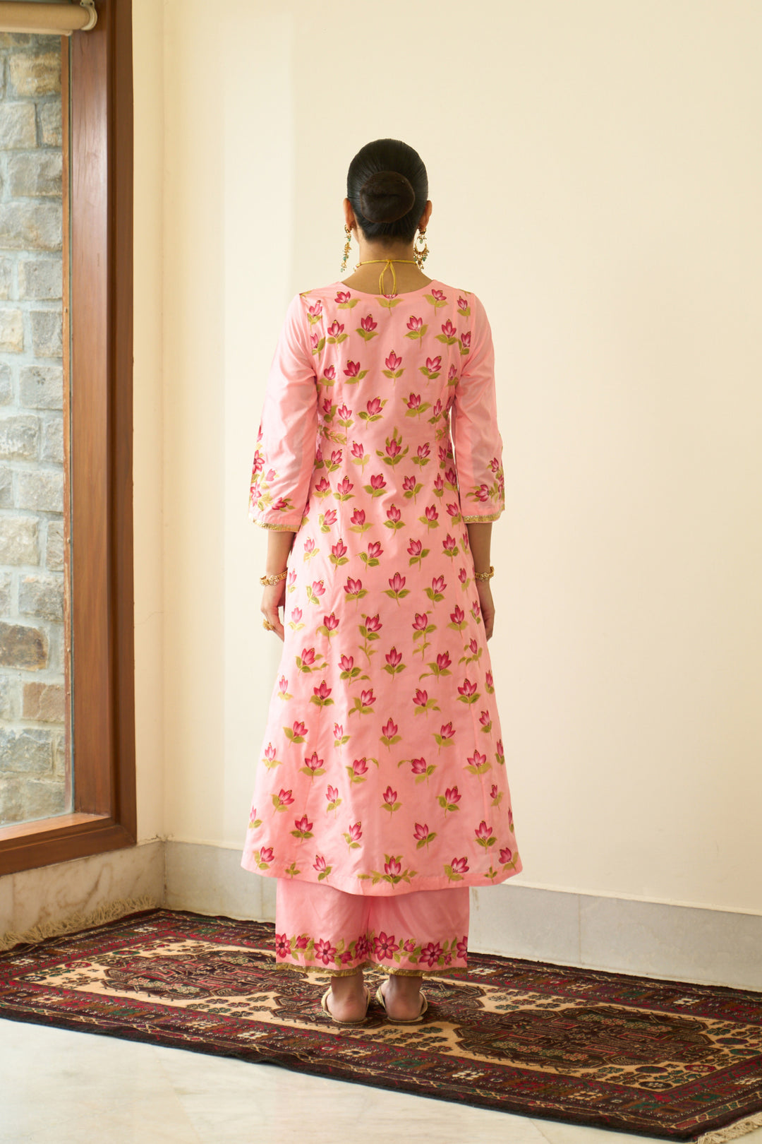 Saanjh Peach Silk Handpainted Kalidar Kurta With Palazzo And Dupatta ( Set Of 3)