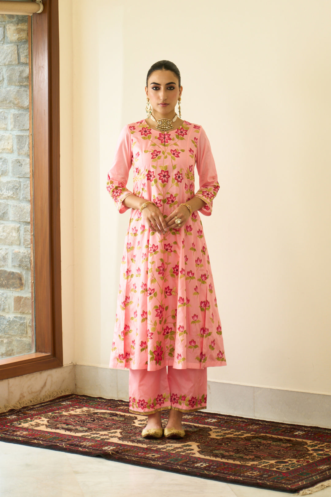 Saanjh Peach Silk Handpainted Kalidar Kurta With Palazzo And Dupatta ( Set Of 3)