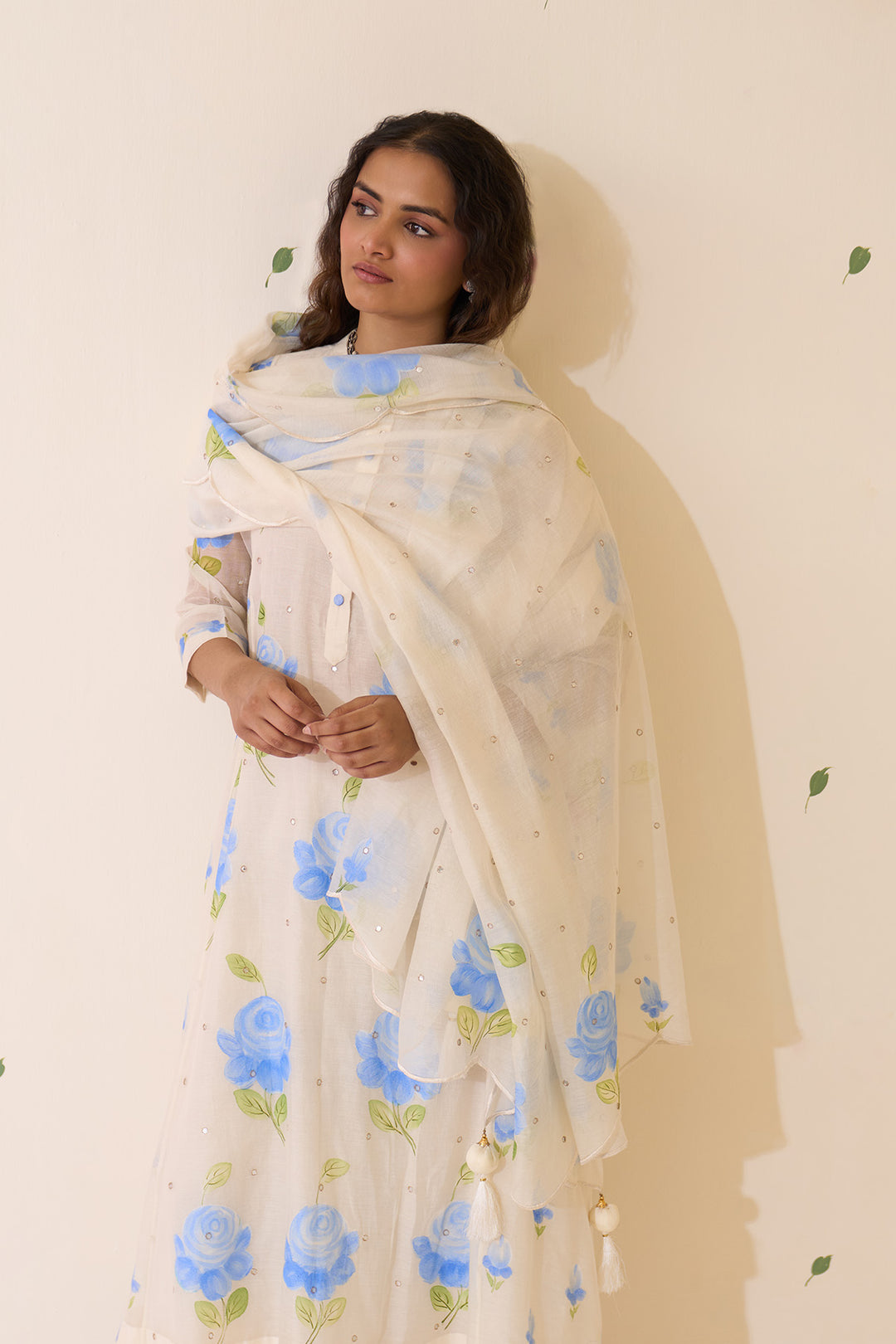 Mehraz Handpaint blue kurta with solid palazzo and scallope dupatta ( set of 3 )