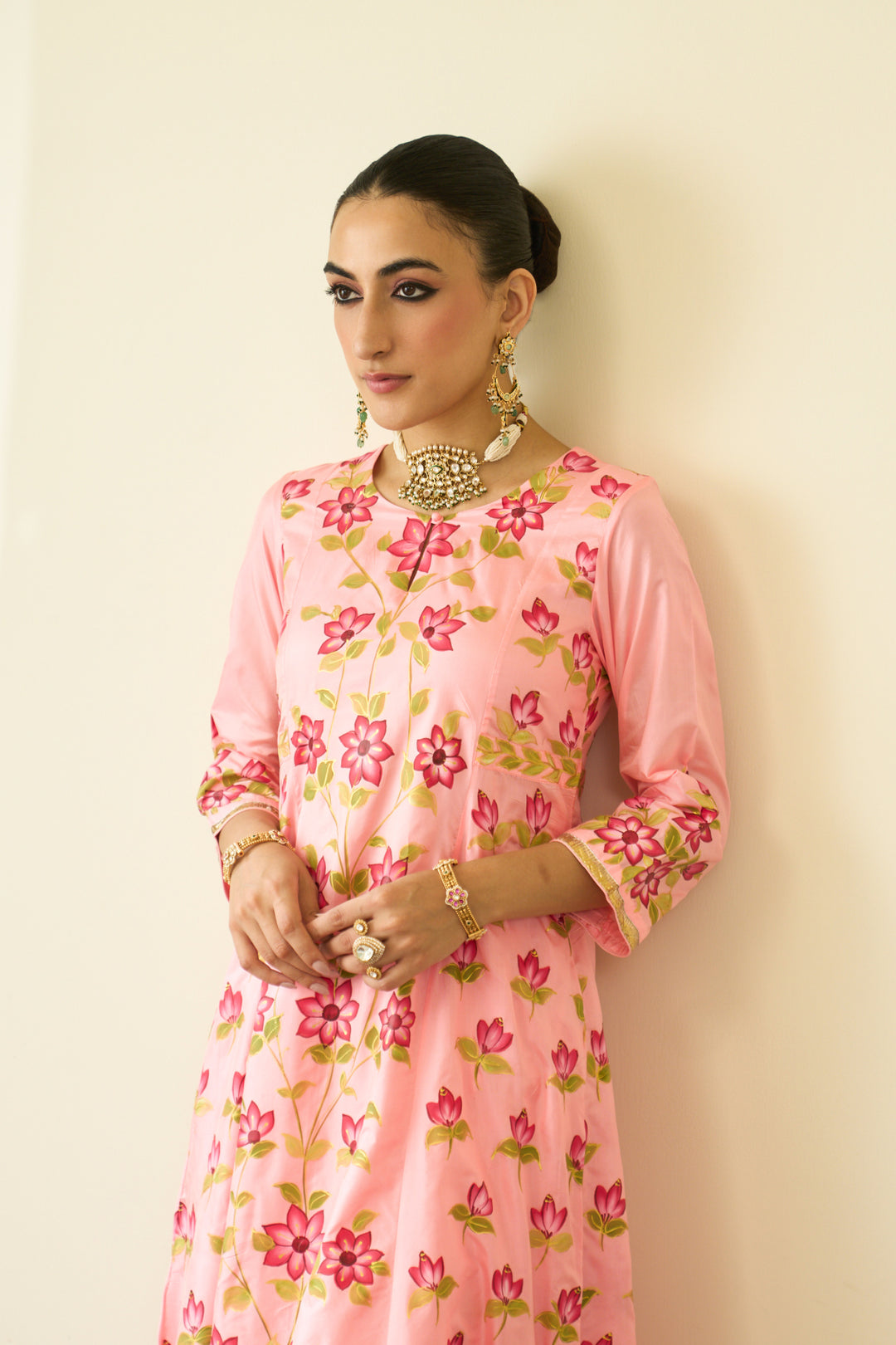 Saanjh Peach Silk Handpainted Kalidar Kurta With Palazzo And Dupatta ( Set Of 3)
