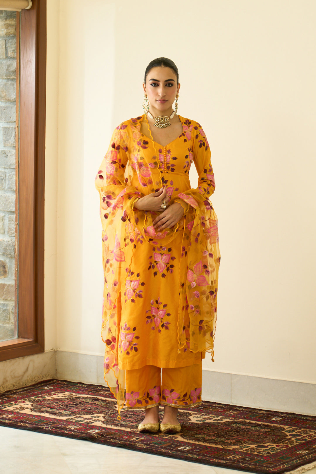 Saanjh Mustard Silk Handpaint Sweetheart Kurta With Palazzo And Dupatta ( Set Of 3)