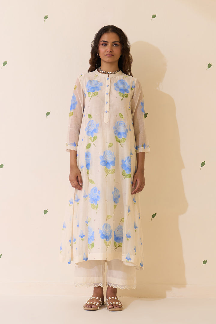 Mehraz Handpaint blue kurta with solid palazzo and scallope dupatta ( set of 3 )