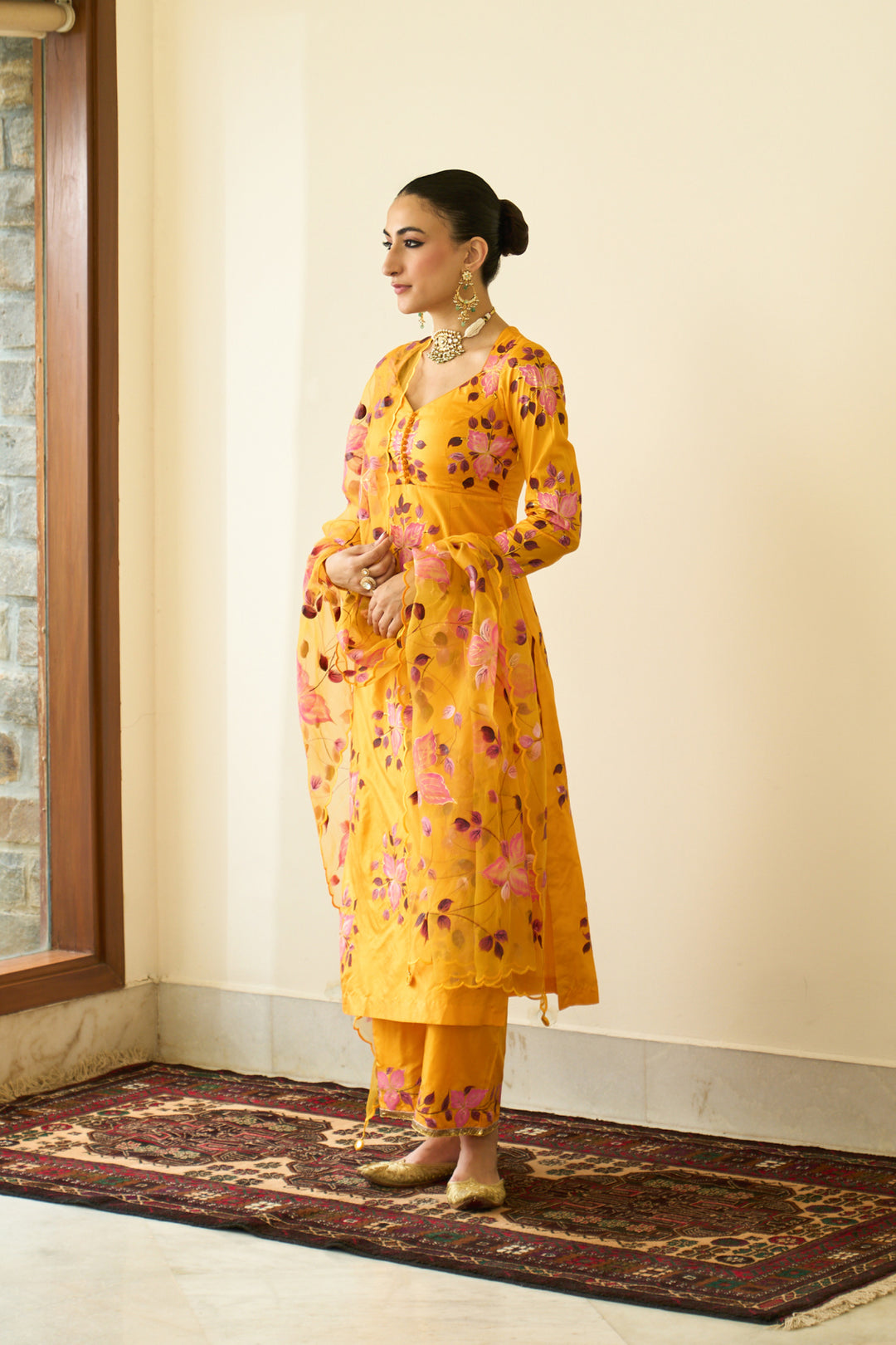 Saanjh Mustard Silk Handpaint Sweetheart Kurta With Palazzo And Dupatta ( Set Of 3)