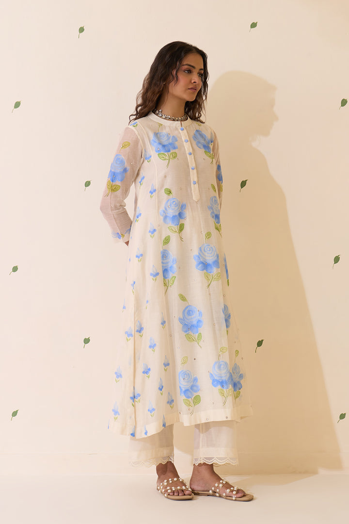 Mehraz Handpaint blue kurta with solid palazzo and scallope dupatta ( set of 3 )