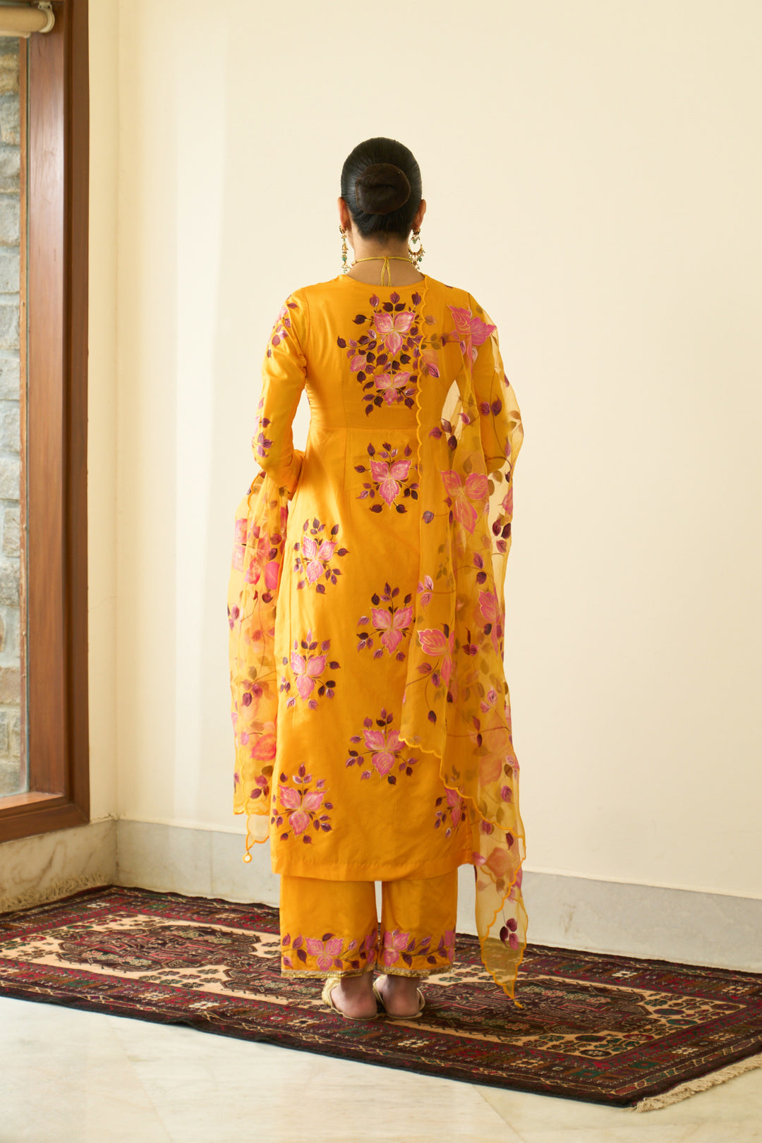 Saanjh Mustard Silk Handpaint Sweetheart Kurta With Palazzo And Dupatta ( Set Of 3)
