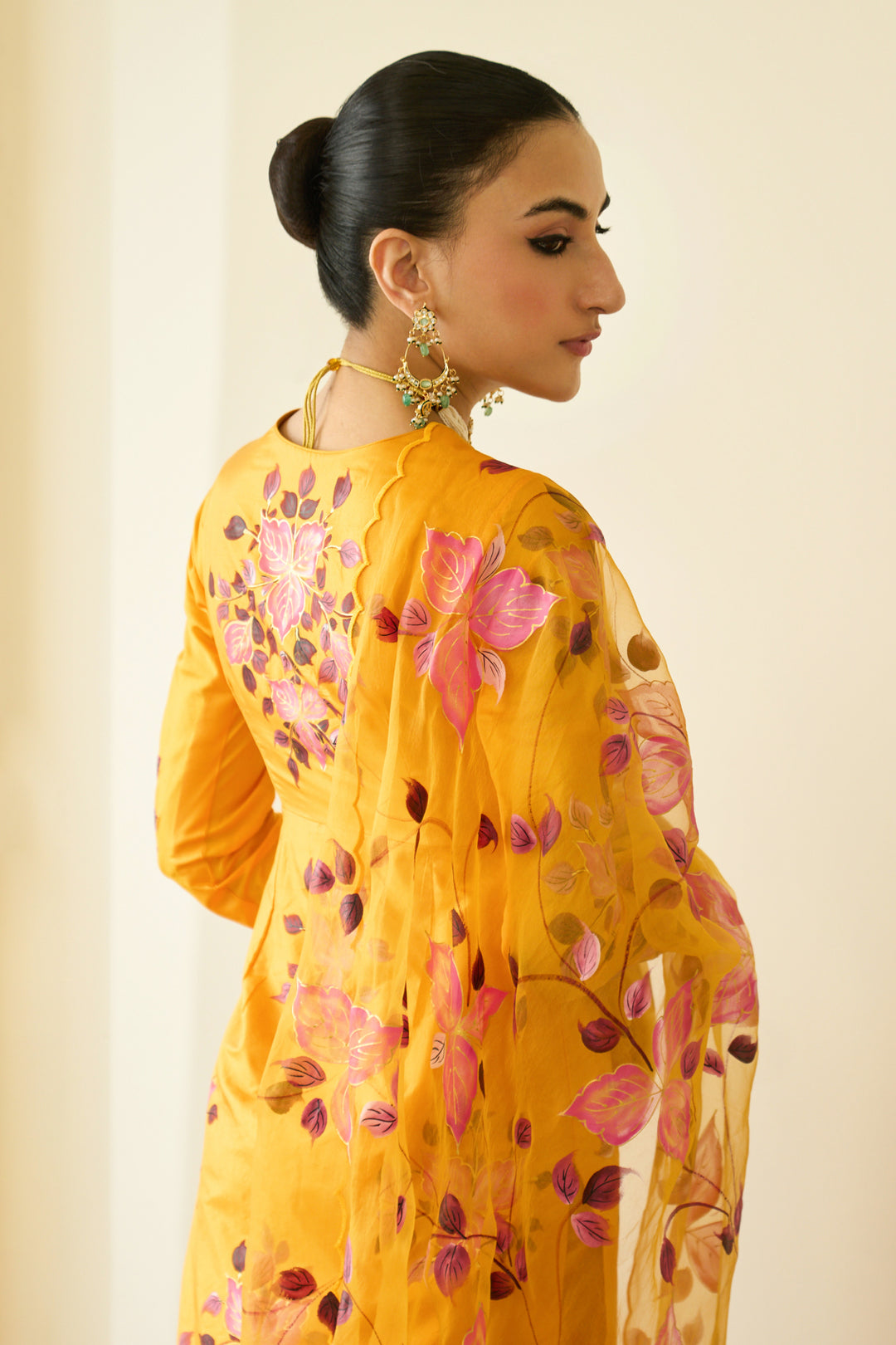 Saanjh Mustard Silk Handpaint Sweetheart Kurta With Palazzo And Dupatta ( Set Of 3)