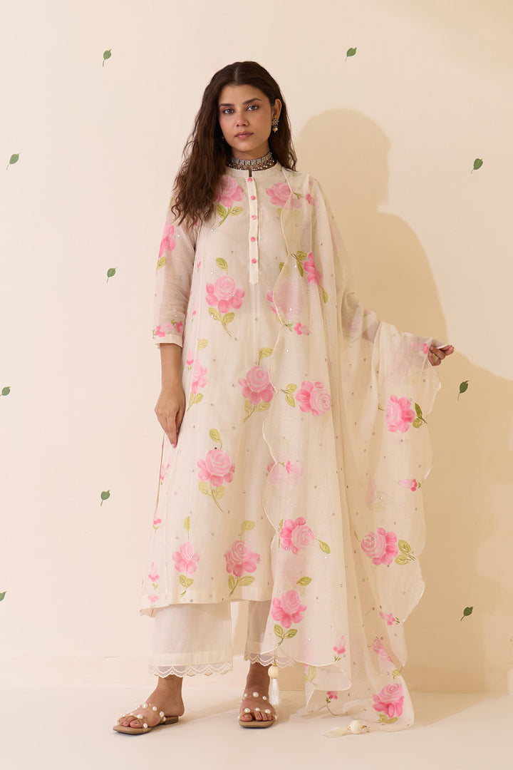 Mehraz Handpaint pink kurta with solid palazzo and scallope dupatta ( set of 3 )