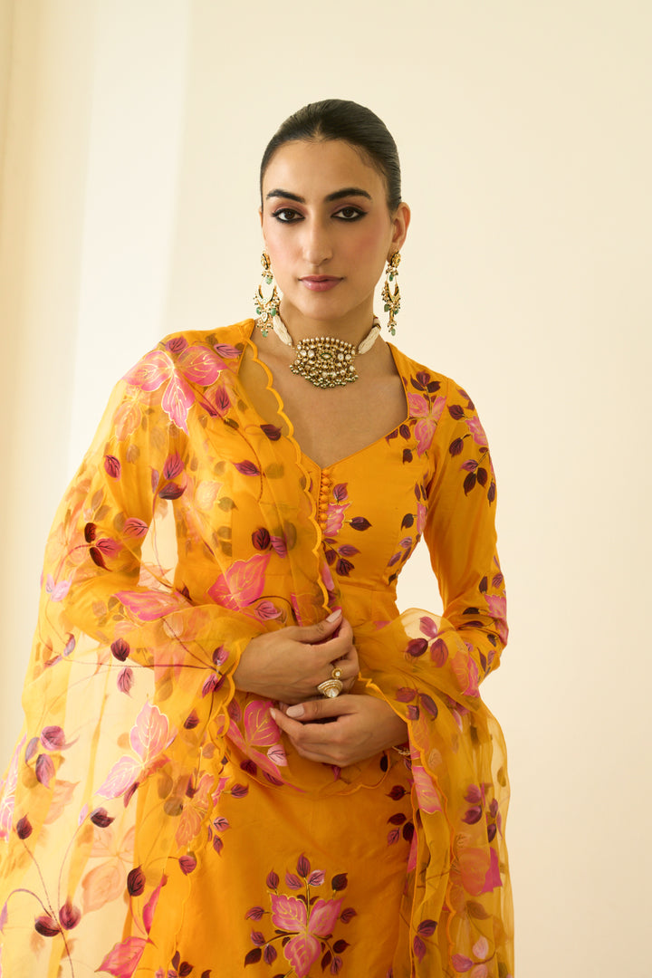 Saanjh Mustard Silk Handpaint Sweetheart Kurta With Palazzo And Dupatta ( Set Of 3)