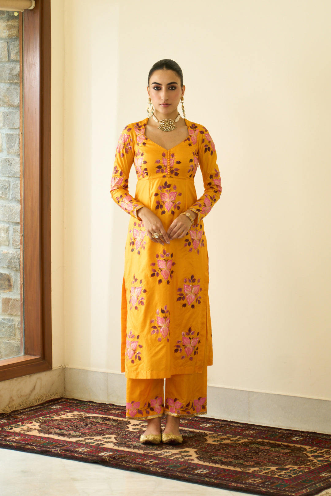 Saanjh Mustard Silk Handpaint Sweetheart Kurta With Palazzo And Dupatta ( Set Of 3)