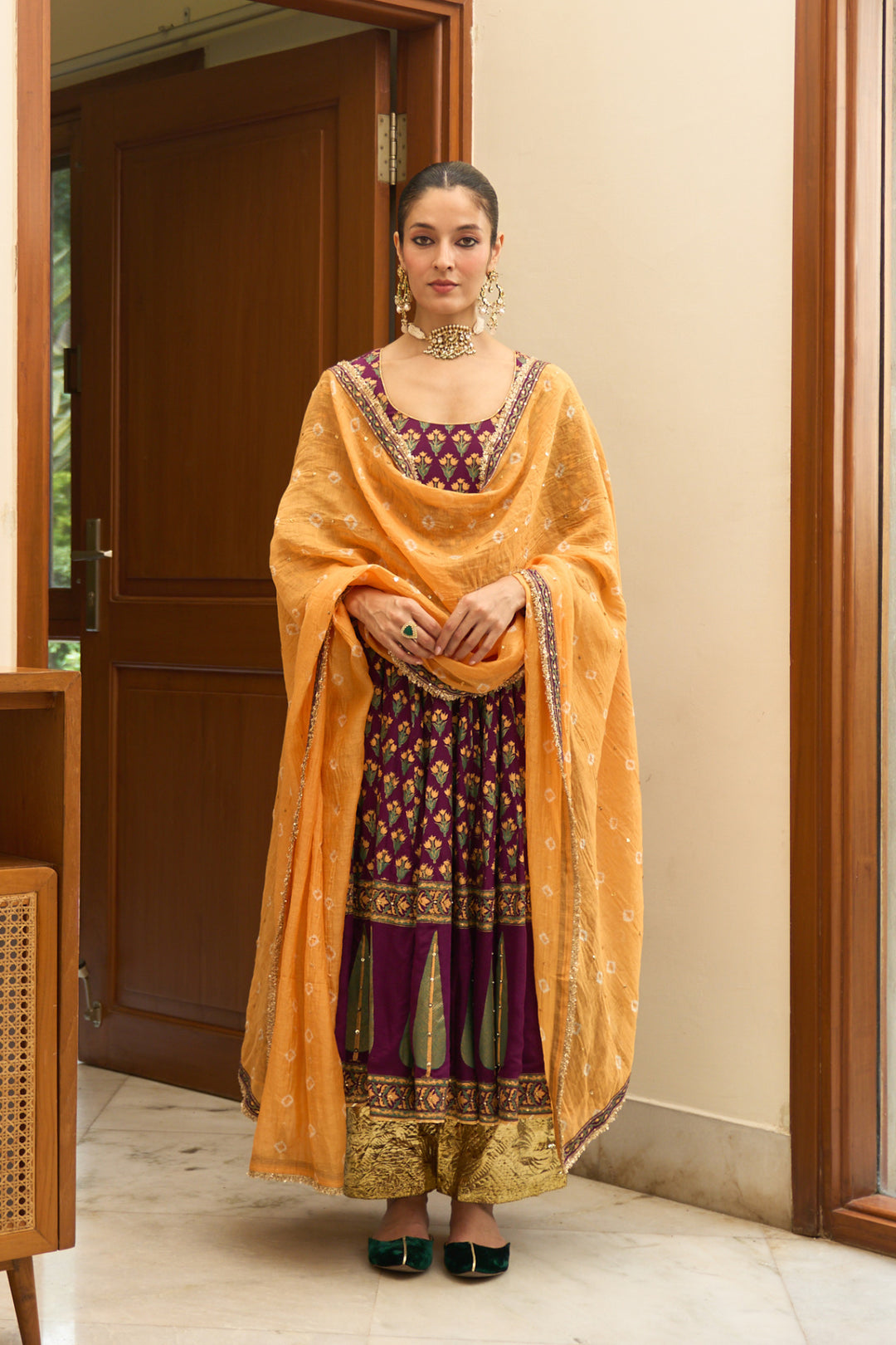 Saanjh block printed purple anarkali with palazzo and bandhej dupatta ( set of 3)