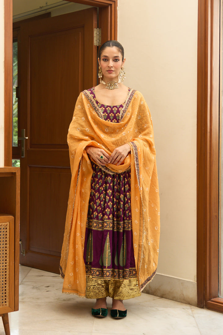 Saanjh block printed purple anarkali with palazzo and bandhej dupatta ( set of 3)
