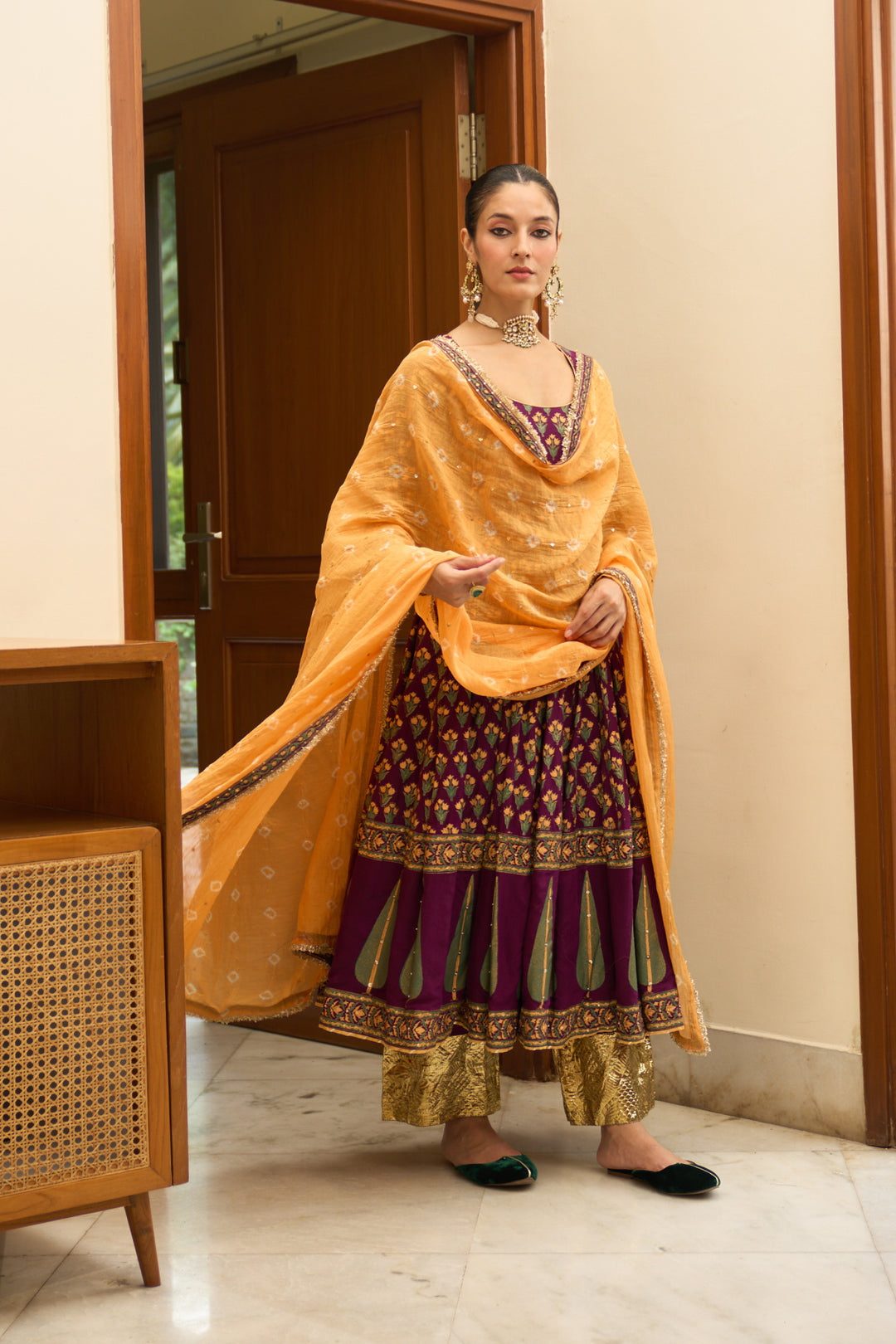 Saanjh block printed purple anarkali with palazzo and bandhej dupatta ( set of 3)