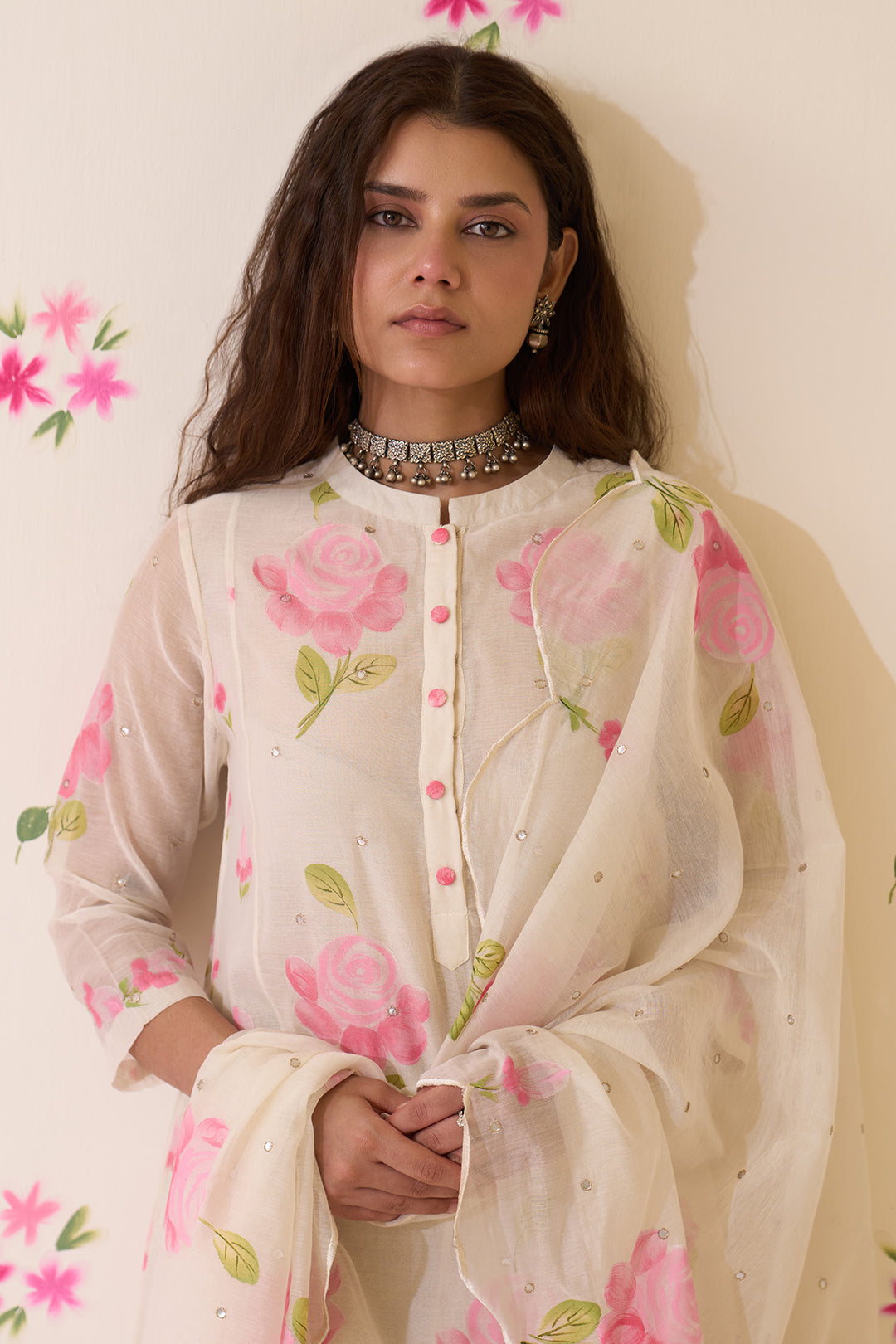Mehraz Handpaint pink kurta with solid palazzo and scallope dupatta ( set of 3 )