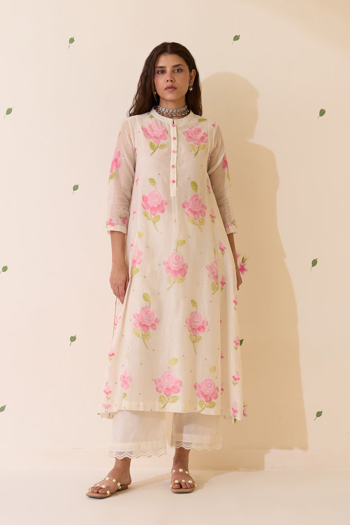 Mehraz Handpaint pink kurta with solid palazzo and scallope dupatta ( set of 3 )