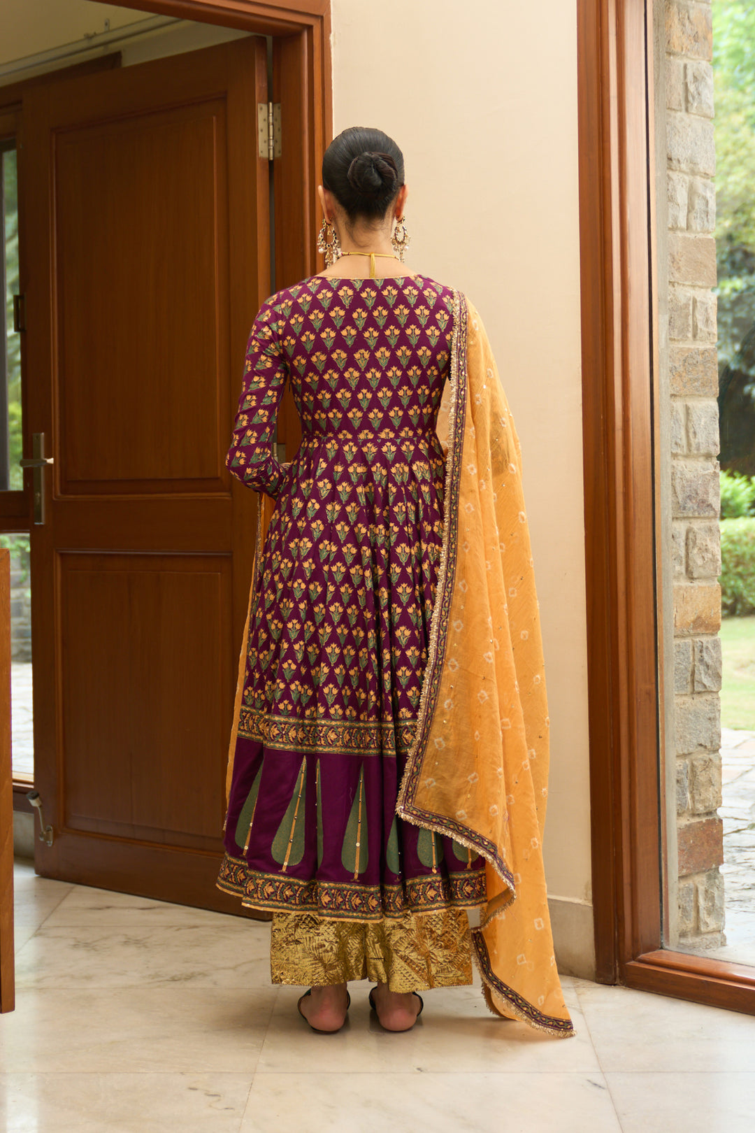 Saanjh block printed purple anarkali with palazzo and bandhej dupatta ( set of 3)