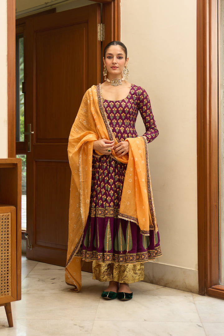 Saanjh block printed purple anarkali with palazzo and bandhej dupatta ( set of 3)