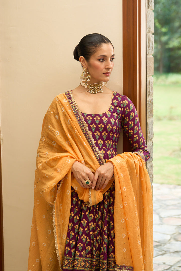 Saanjh block printed purple anarkali with palazzo and bandhej dupatta ( set of 3)