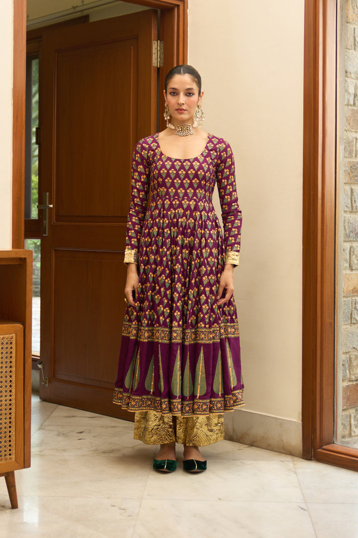 Saanjh block printed purple anarkali with palazzo and bandhej dupatta ( set of 3)