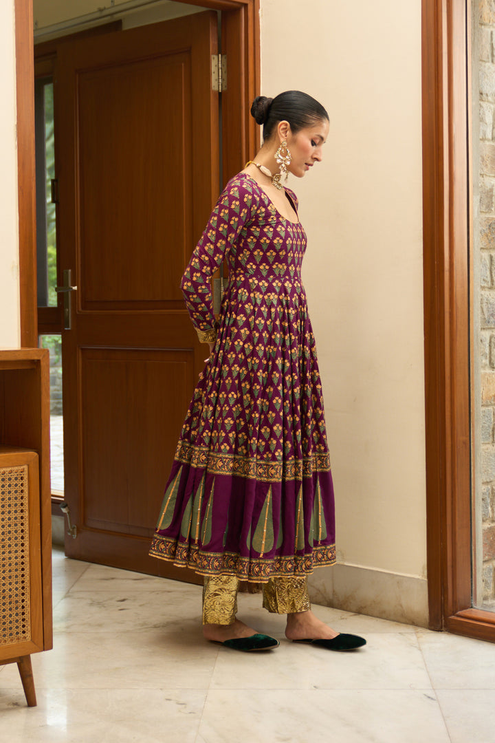 Saanjh block printed purple anarkali with palazzo and bandhej dupatta ( set of 3)