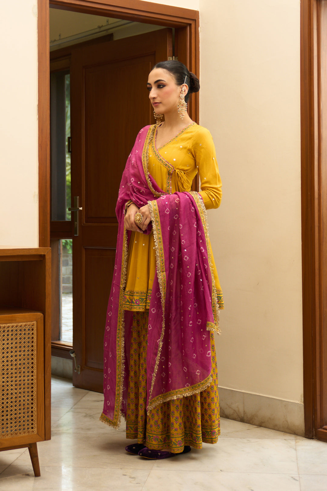 Saanjh block printed mustard angrakha with sharara and bandhej dupatta( set of 3)
