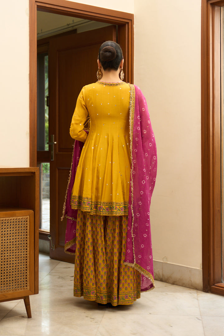 Saanjh block printed mustard angrakha with sharara and bandhej dupatta( set of 3)