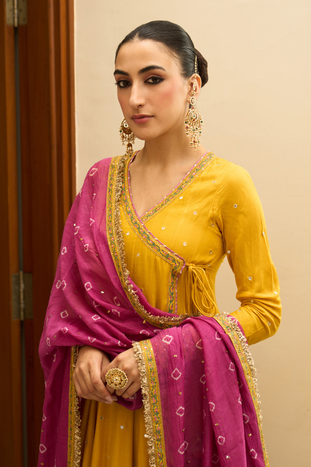 Saanjh block printed mustard angrakha with sharara and bandhej dupatta( set of 3)