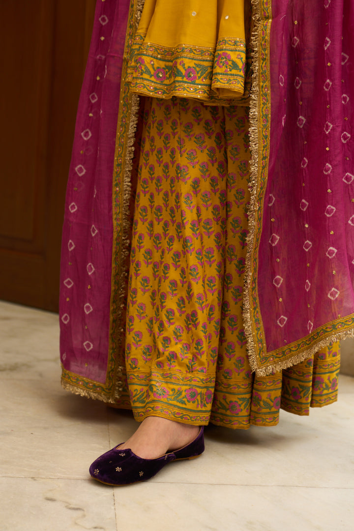 Saanjh block printed mustard angrakha with sharara and bandhej dupatta( set of 3)