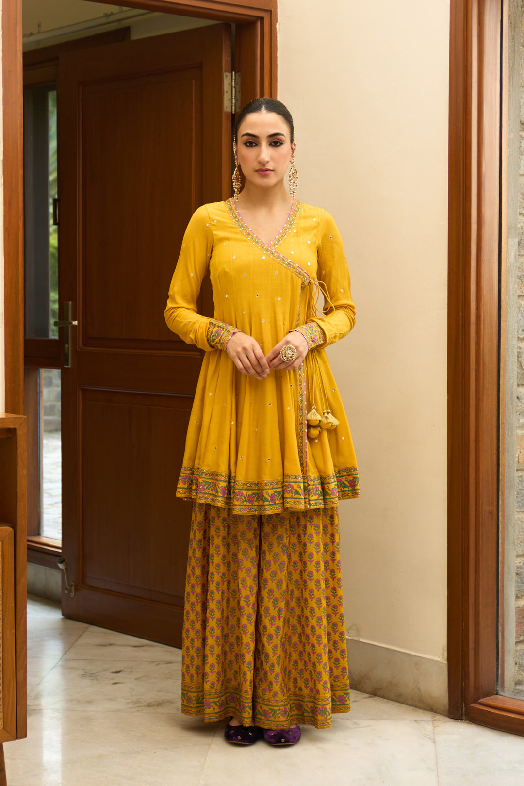 Saanjh block printed mustard angrakha with sharara and bandhej dupatta( set of 3)